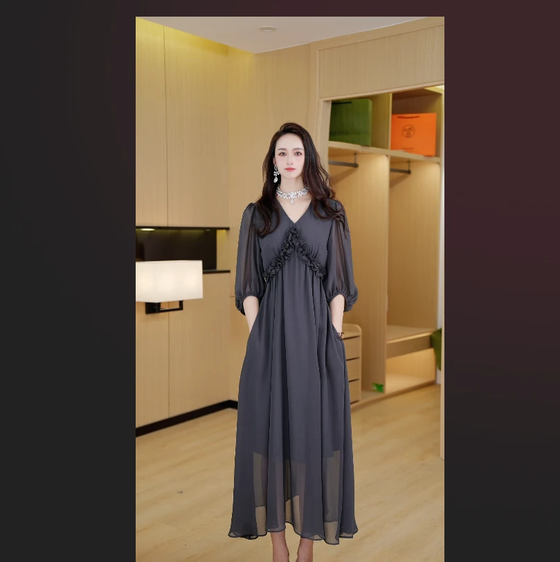 【蔷薇之恋】2024年夏季早秋款V领优雅高级感女神范轻奢气质连衣裙