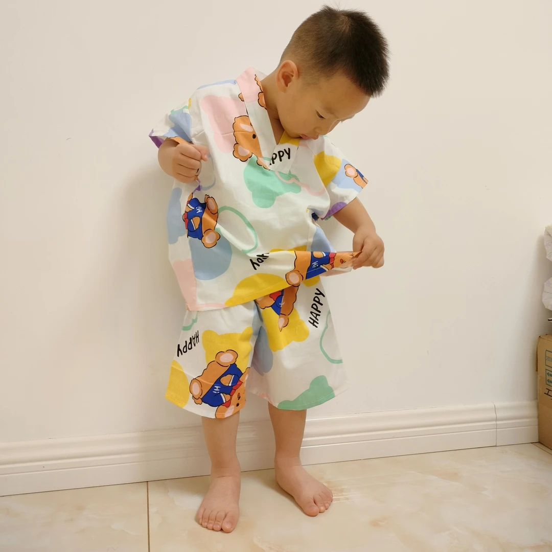 儿童汗蒸服女100%纯棉桑拿服男童女童浴服小孩卡通家居服儿童睡衣