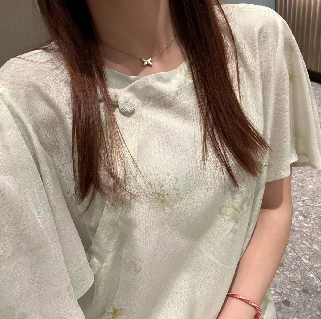 绿色苏罗蝴蝶短袖新中式衬衣时尚宽松气质国风百搭女士夏季