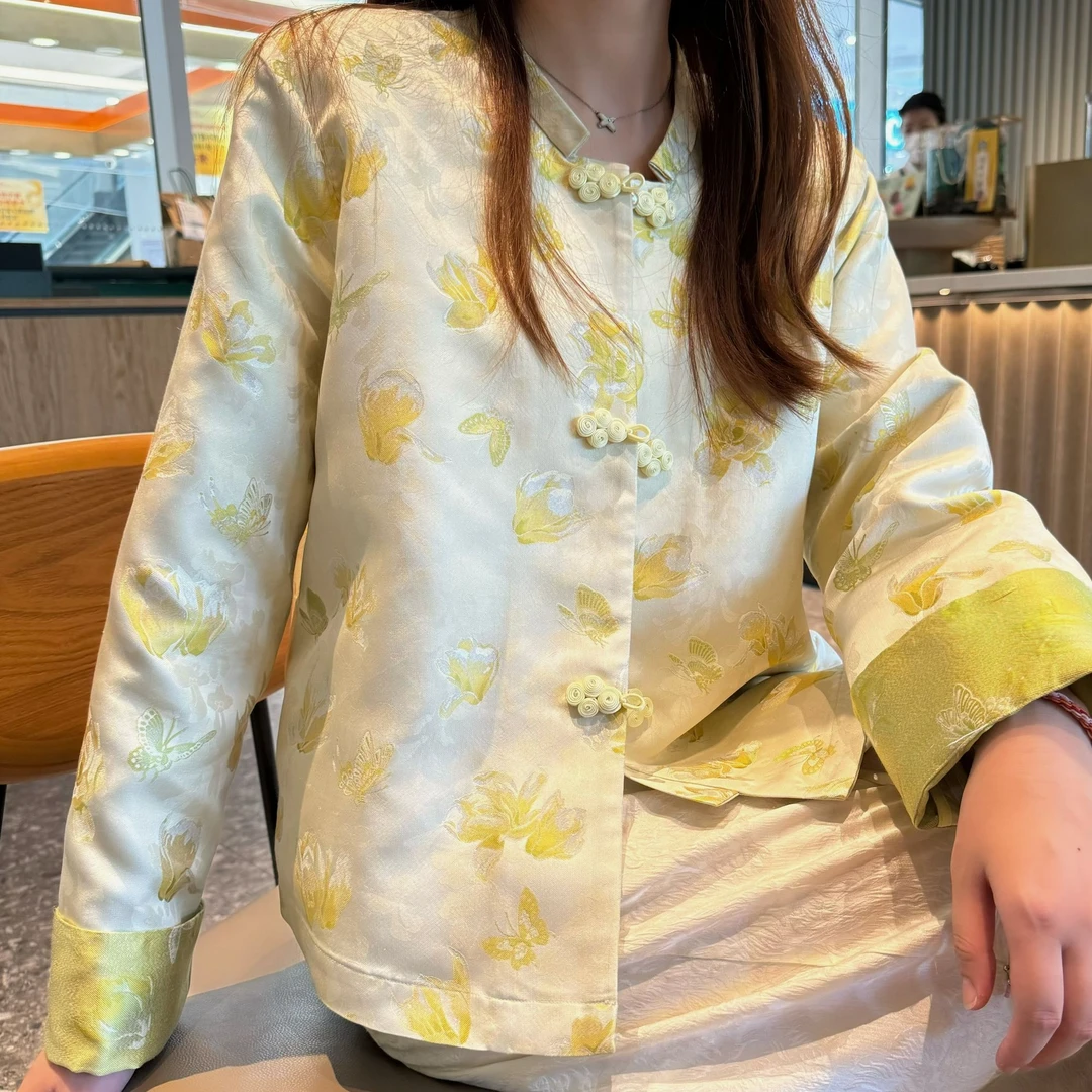 陆美英蝶戏兰花织银真丝宋锦无里衬外套气质时尚百搭国风春秋款