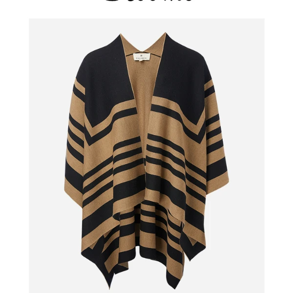 SCOOME秋冬保暖羊毛针织时尚几何条纹撞色复古百搭经典两穿大披肩