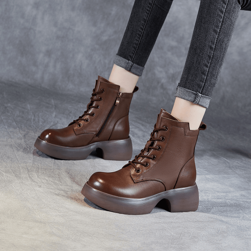 秋冬新款真皮增高厚底马丁靴女英伦风复古冬季棕色粗跟短靴子