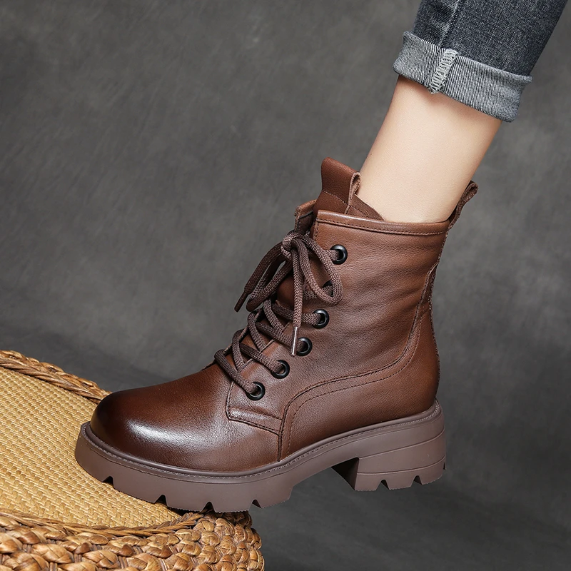 断码清仓秋冬保暖真皮马丁靴英伦风头层牛皮短靴厚底复古圆头女鞋