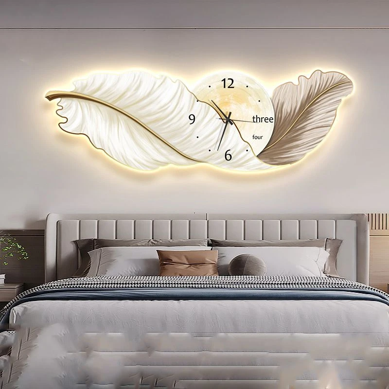 羽毛高级感客厅装饰画轻奢卧室床头挂画时钟带钟表主卧led灯壁画
