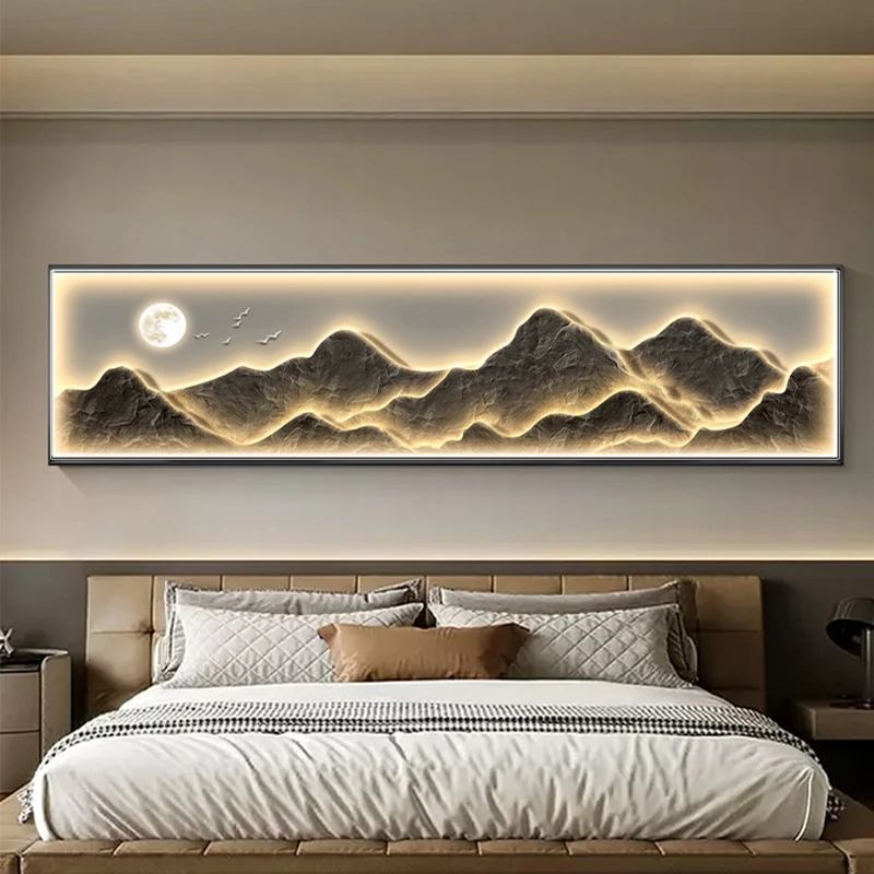 新中式背有靠山客厅装饰画现代山水壁画卧室横幅灯画高档床头挂画
