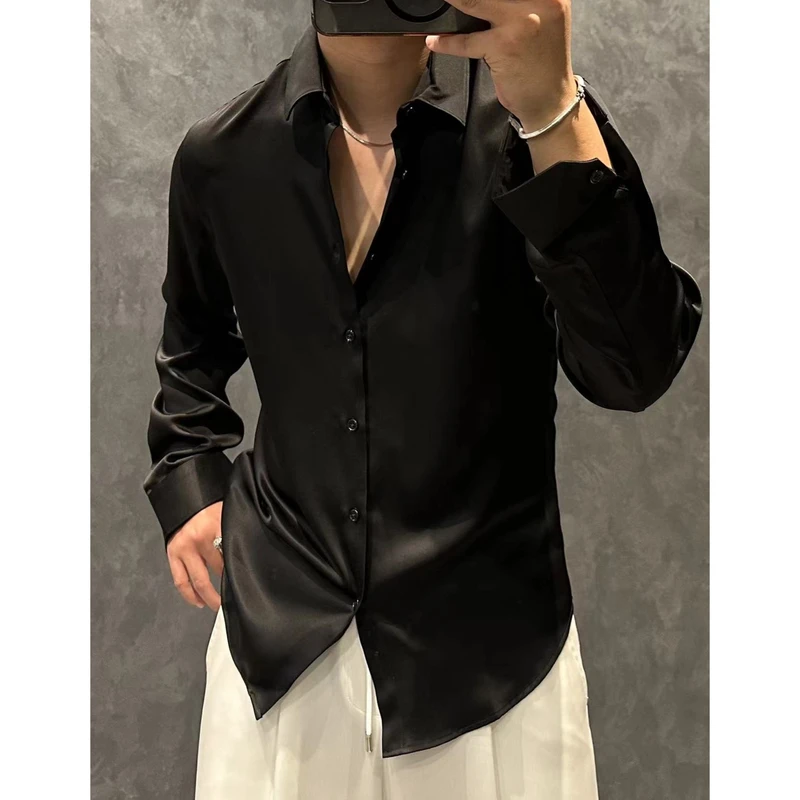 高级感丝滑冰丝醋酸抗皱长袖衬衫男宽松轻奢休闲亚麻套装男款