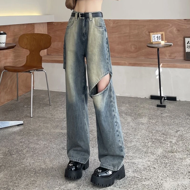 美式复古高街设计感破洞牛仔裤女2024新款宽松直筒阔腿裤潮百搭