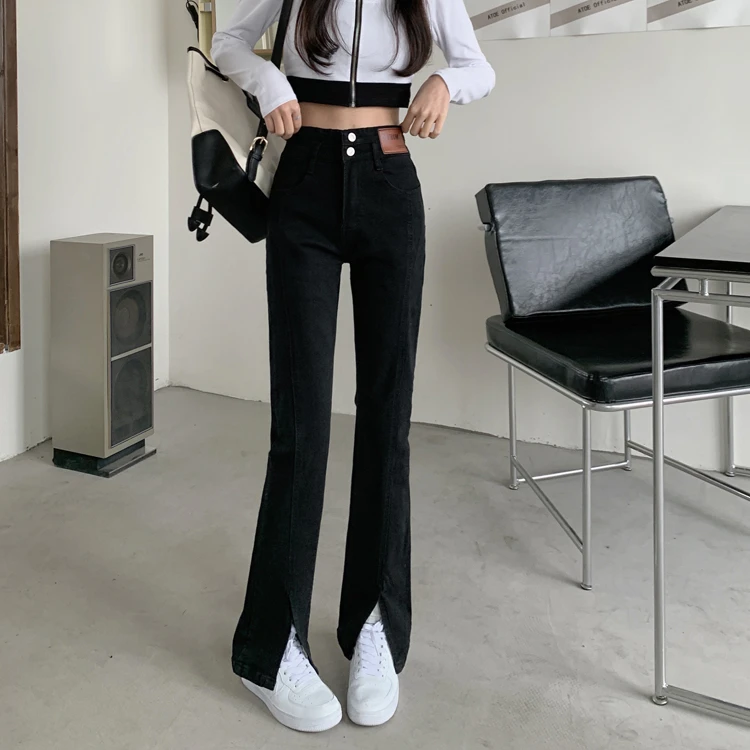牛仔裤女弹力显瘦高腰牛仔裤2023秋季新款黑色微喇裤小个子九分裤