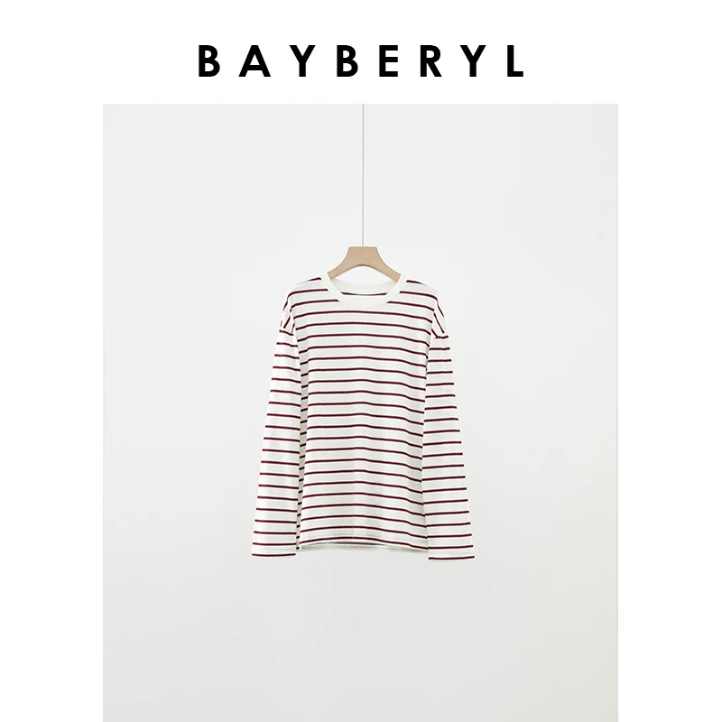 BAYBERYL老贝安可拉红条纹圆领时尚秋百搭秋休闲T恤NT4H0341-8/4