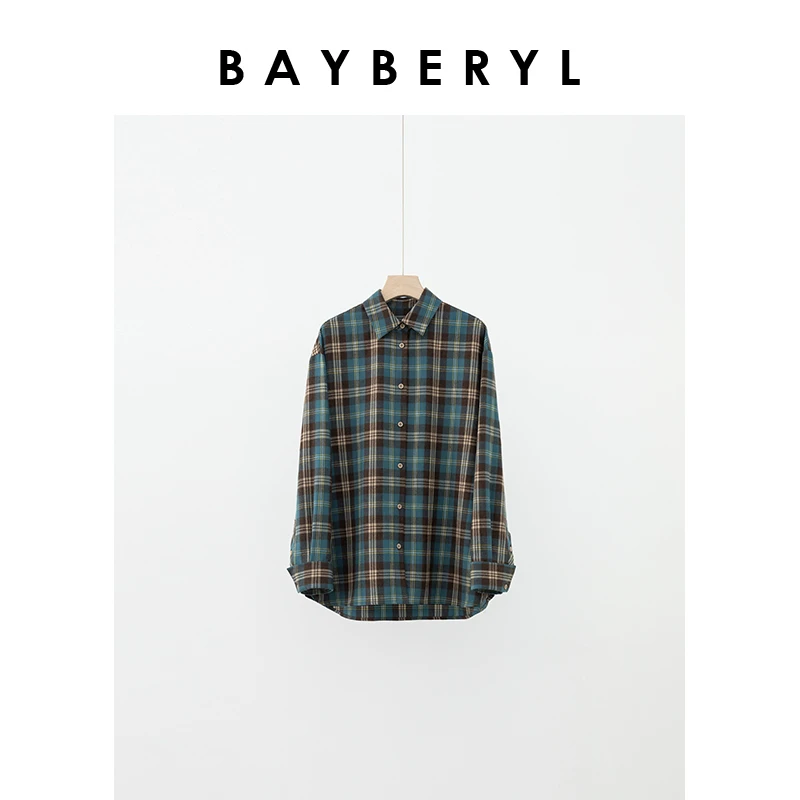 Z7-BAYBERYL老贝苏格兰格纹蓝咖撞色翻领宽松早秋衬衫NCY4E1503