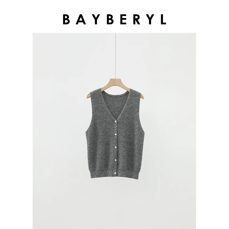 QC-BAYBERYL老贝花灰坑条V领单排扣无袖针织背心ZZS4F1803-7/27