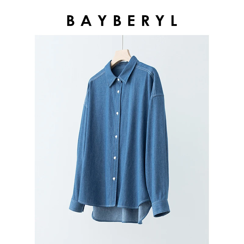 BAYBERYL老贝翻领褶皱长袖时尚休闲牛仔衬衫NCY2L1304-3/24