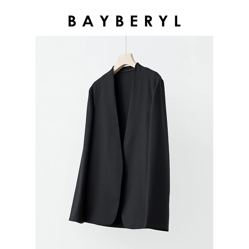 BAYBERY老贝MM及简无领宽松黑色中长西装外套XZ3F2601