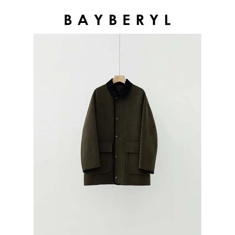 BAYBERYL老贝里昂假日灯芯绒翻领拼接毛呢大衣MF4J1837-10/19