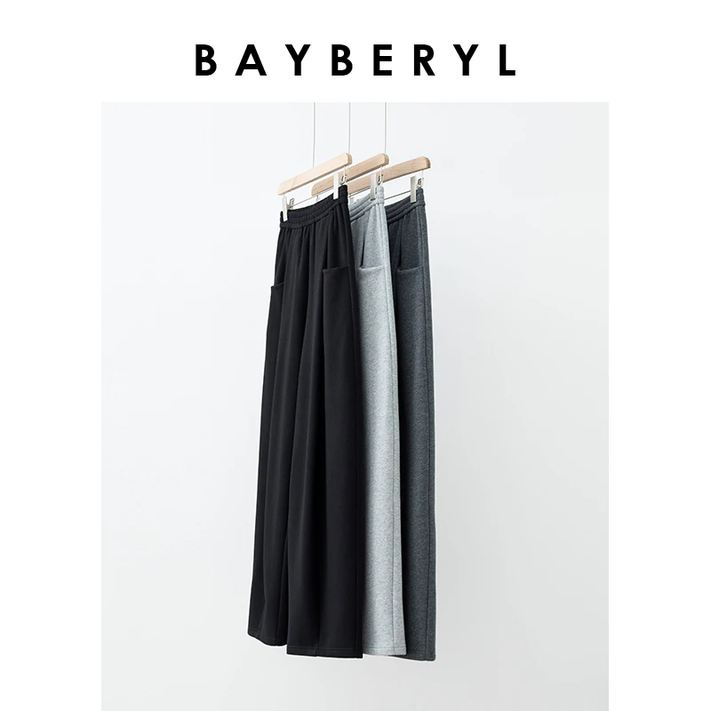 BAYBERY老贝一字袋加绒松紧腰宽松打褶冬百搭休闲裤XXK3L2304