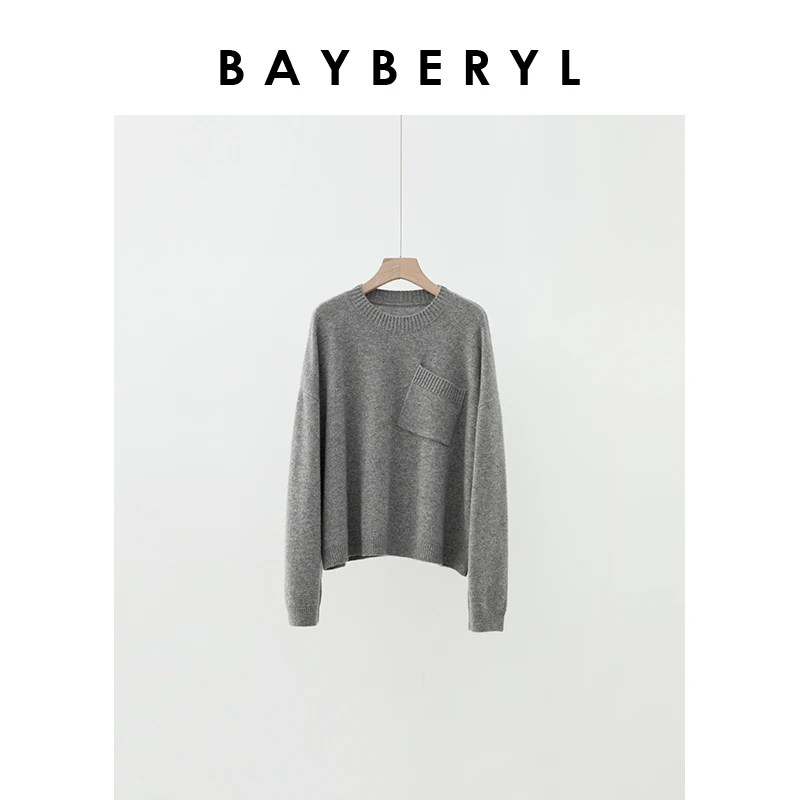 BAYBERYL老贝雯雯*圆领灰色单口袋宽松套头针织衫ZZS4K0802-11/11