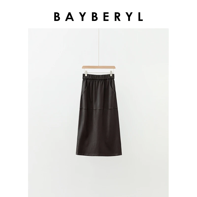 限量BAYBERYL老贝弹力皮裙松紧及简后开叉23秋皮半身裙YQ3E2223