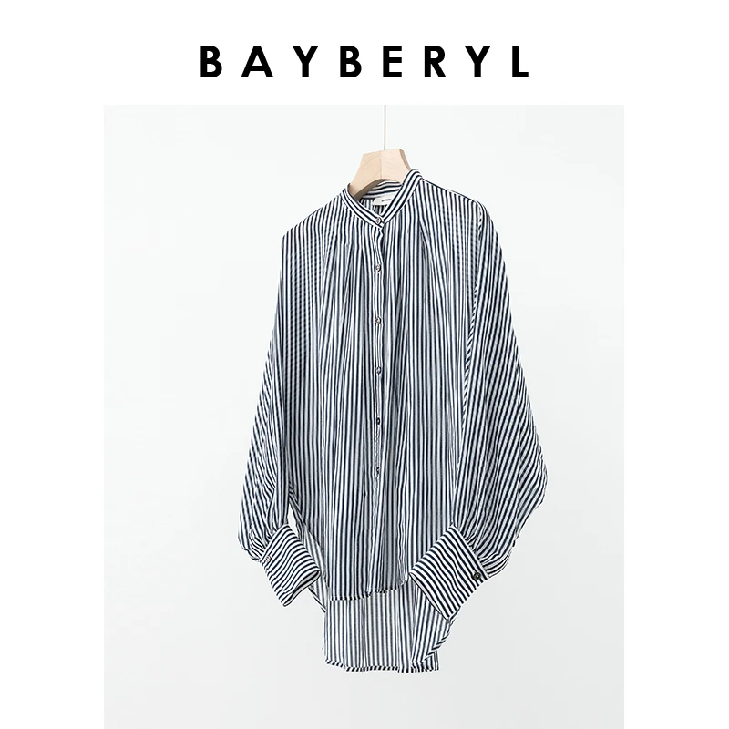 Z7-BAYBERYL老贝丝棉条纹前短后长立领宽松轻薄衬衫NCY4C0801