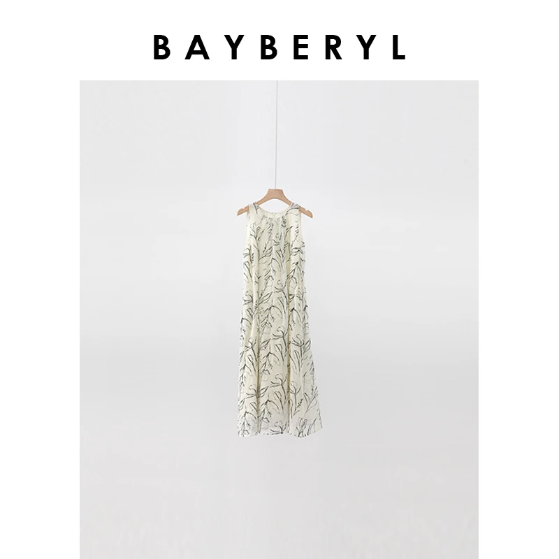 Z6-BAYBERYL老贝郁金香写意印花无袖圆领清爽麻连衣裙DR4E2522