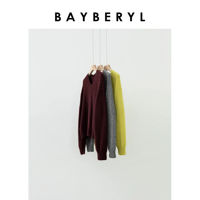 BAYBERY老贝花柠*丝羊绒花纱柔软V领秋慵懒针织衫ZZS4I2921-10/5