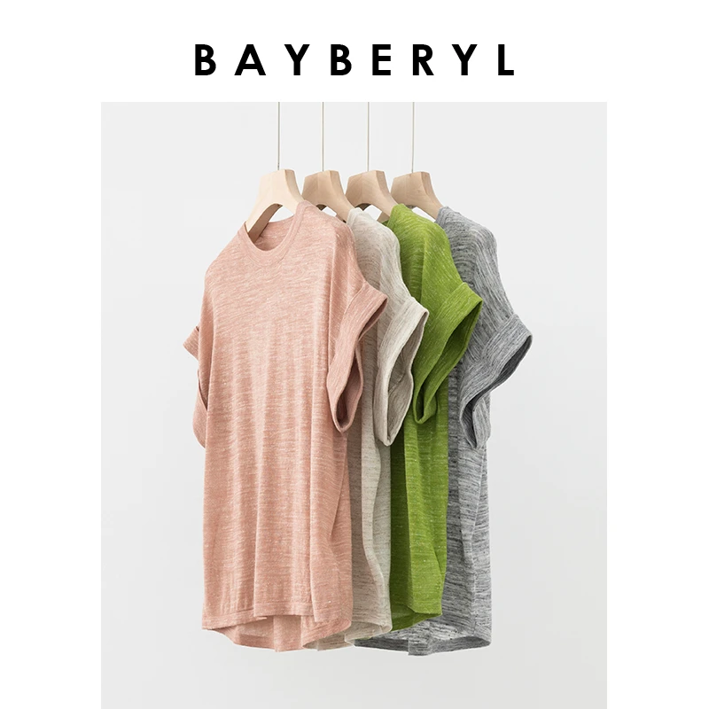 BAYBERYL老贝杂色短袖宽松百搭薄麻圆领针织衫NT4C2507