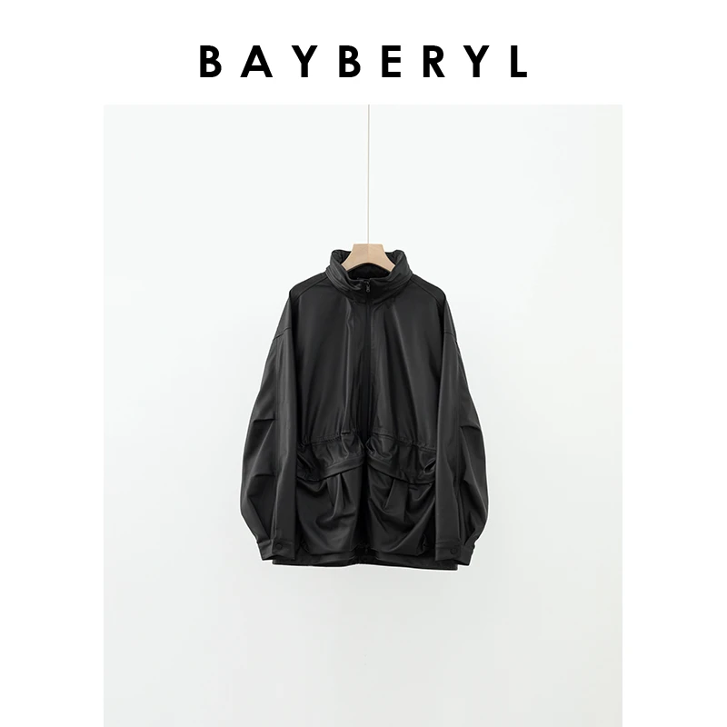 BAYBERYL老贝希顿*细腻柔软立领连帽大口袋皮衣PY4H1208