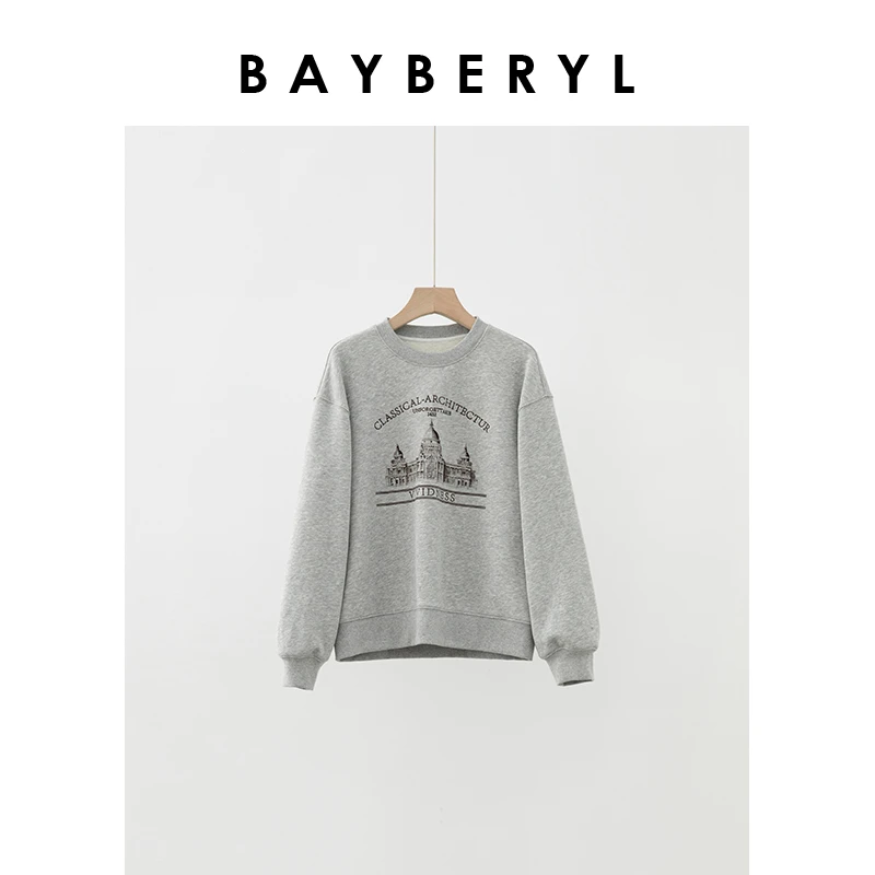 BAYBERYL老贝城堡*字母建筑风加绒圆领灰百搭卫衣NT4K0104-11/11