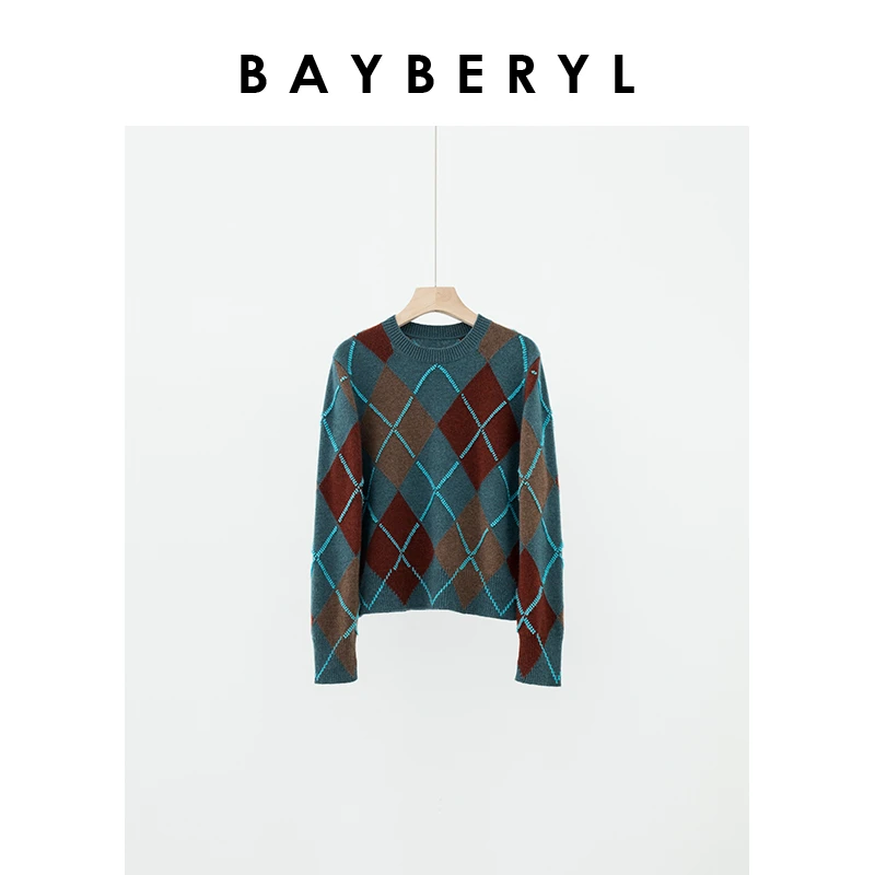 BAYBERYL老贝手工坊*香风撞色菱格圆领套头针织衫ZZS4H1601