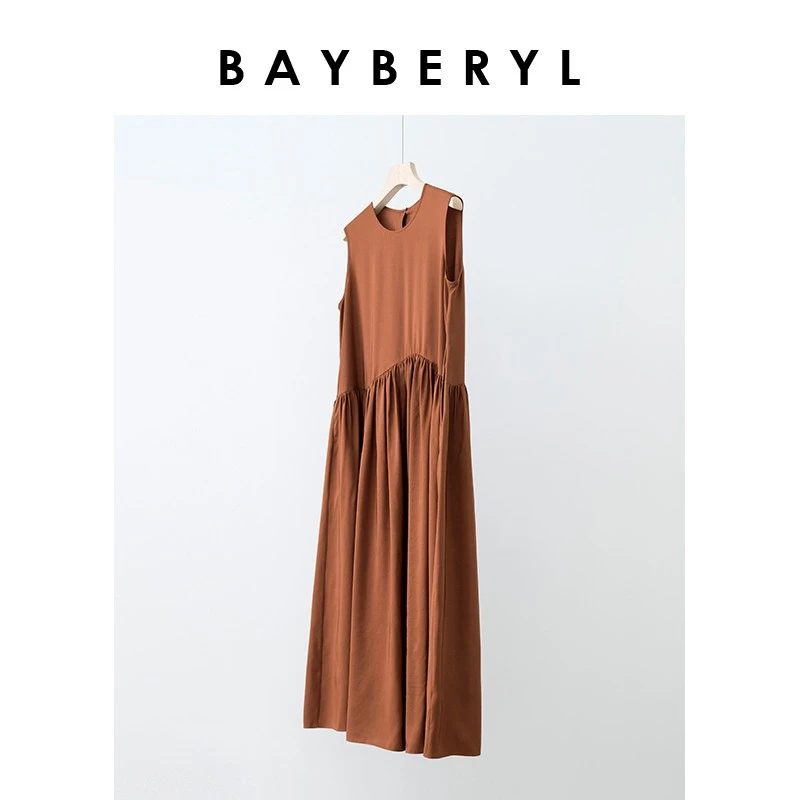 BAYBERYL老贝焦糖无袖细褶A字真丝连衣裙DR3E0826