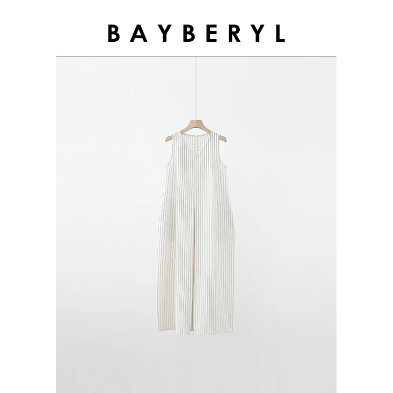 Z6-BAYBERYL老贝线性条纹*无袖气质V领简约百搭连衣裙DR4E1303