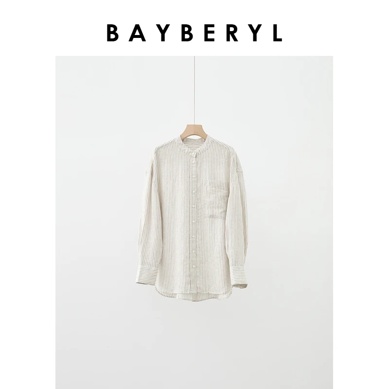 BAYBERYL老贝日杂细条纹亚麻休闲百搭宽松立领衬衫NCY4D1501-5/9
