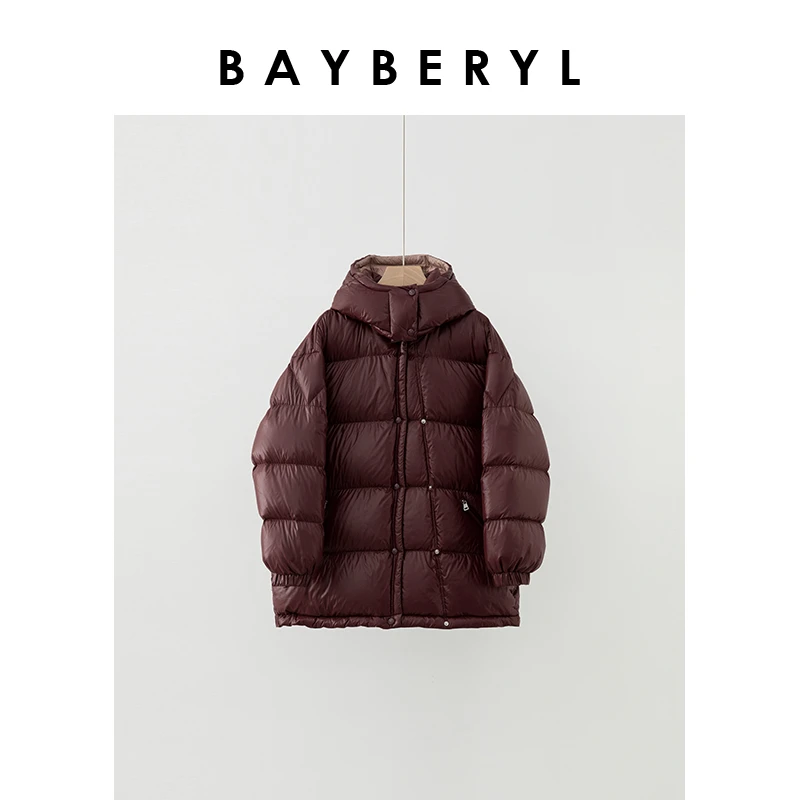 BAYBERYL老贝西拉*酒红拼色连帽宽松保暖羽绒服YRF4J2825-10/31