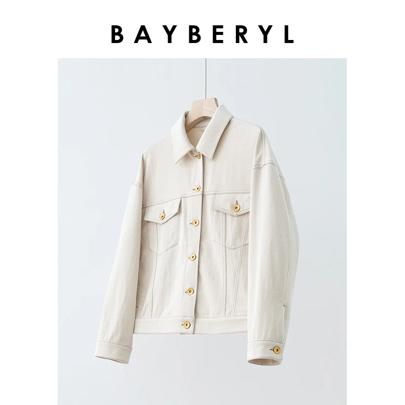 BAYBERYL老贝白牛翻领双口袋休闲百搭牛仔短外套MF3C2526