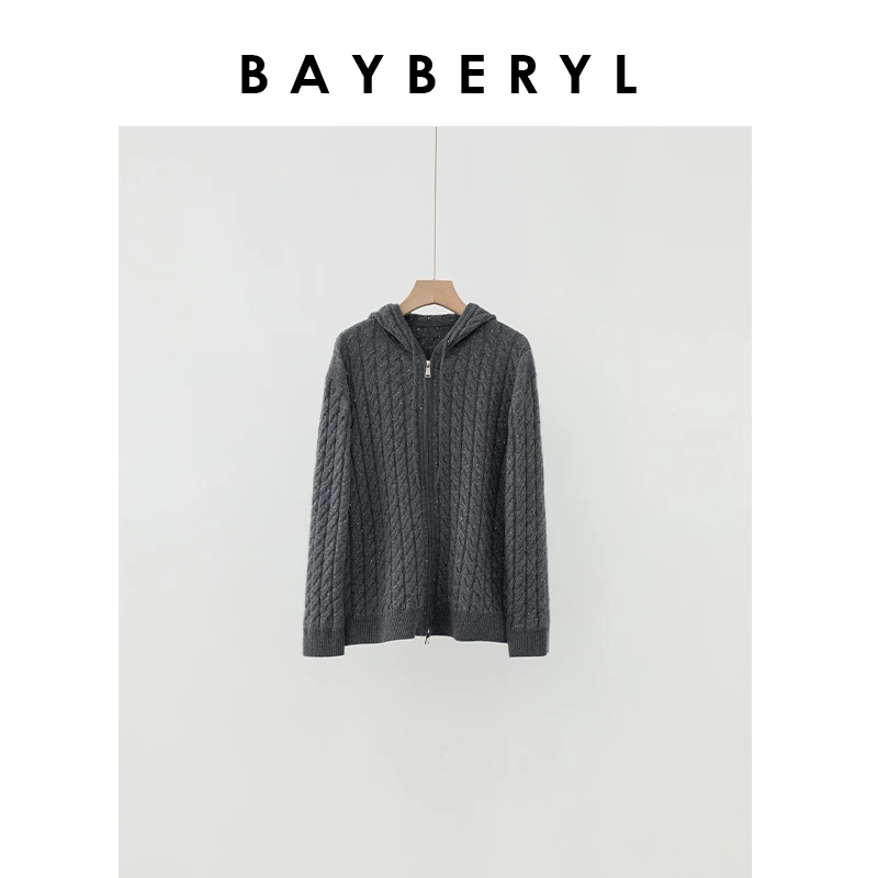 BAYBERY老贝北欧松弛灰亮片绞花连帽拉链针织开衫ZZS4I1305-10/2