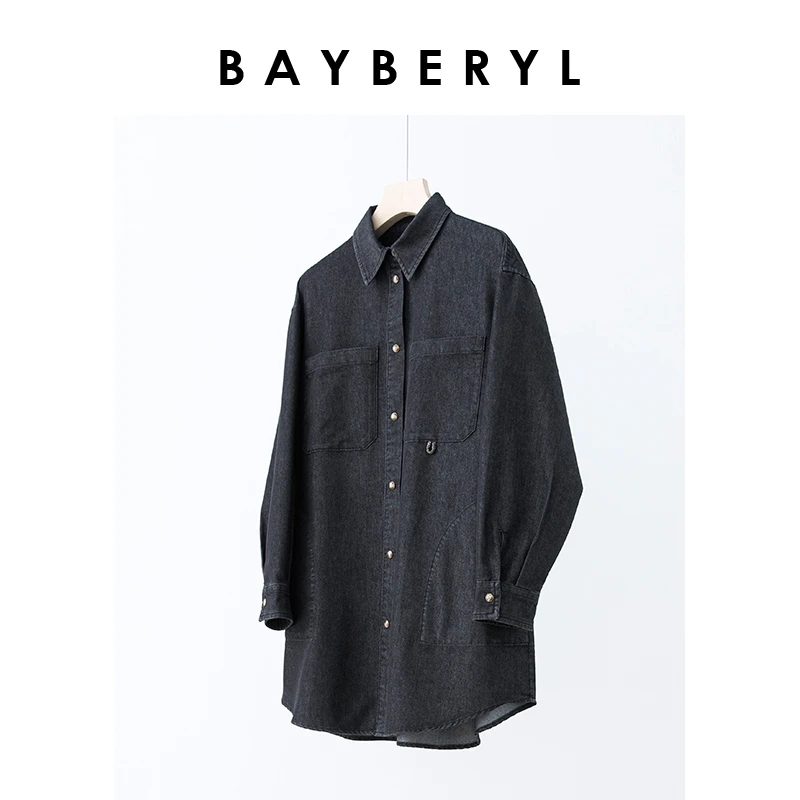 BAYBERY老贝钉珠牛仔多口袋翻领时排扣衬衫NCY3B2125