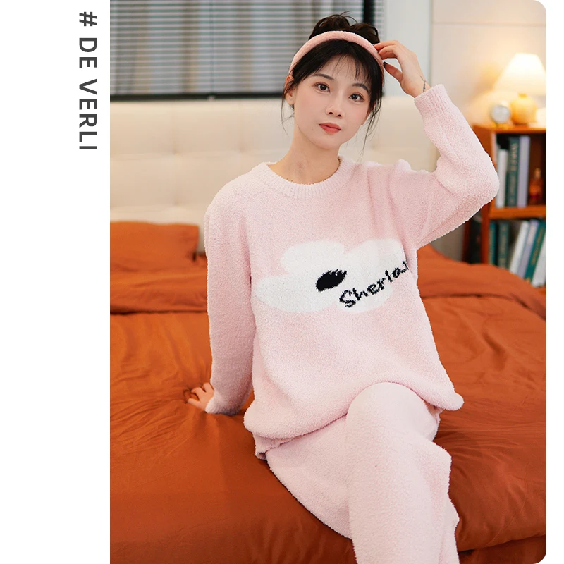 DV断码清货-冬季时尚半边绒宽松可外穿保暖女士慵懒家居服套装