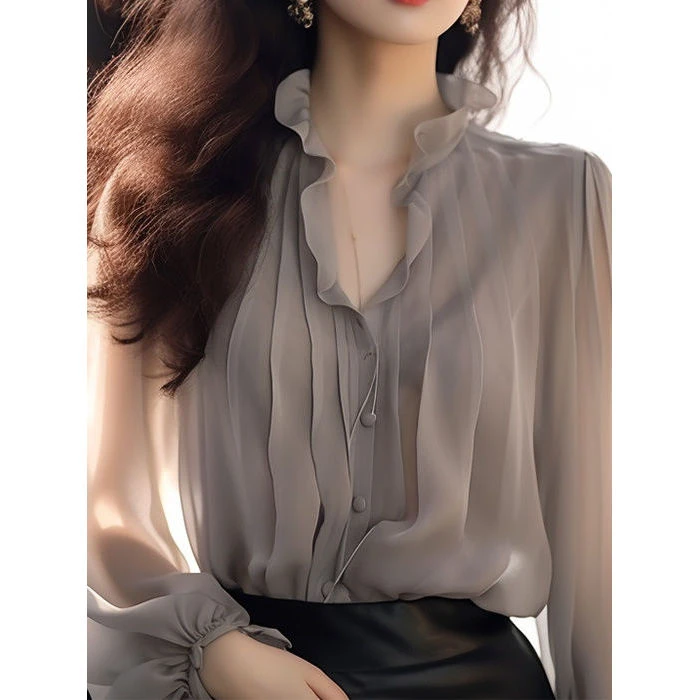 高级感轻奢时尚纯色长袖衬衫2025秋季新款气质超仙显瘦百搭衬衣