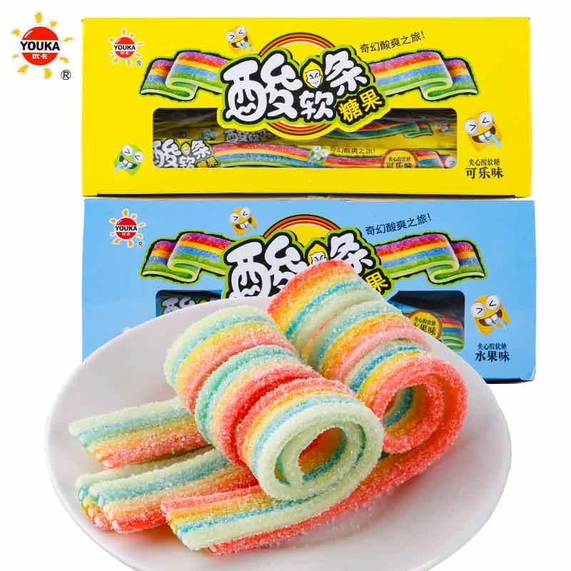 优卡酸软条夹心软糖可乐水果味凝胶糖果酸甜彩虹长条儿童零食糖果