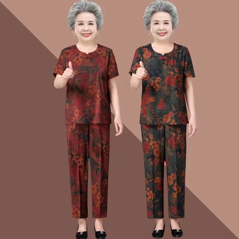 老年人夏装女奶奶装短袖两件套老人太太衣服60岁70妈妈装夏季套装