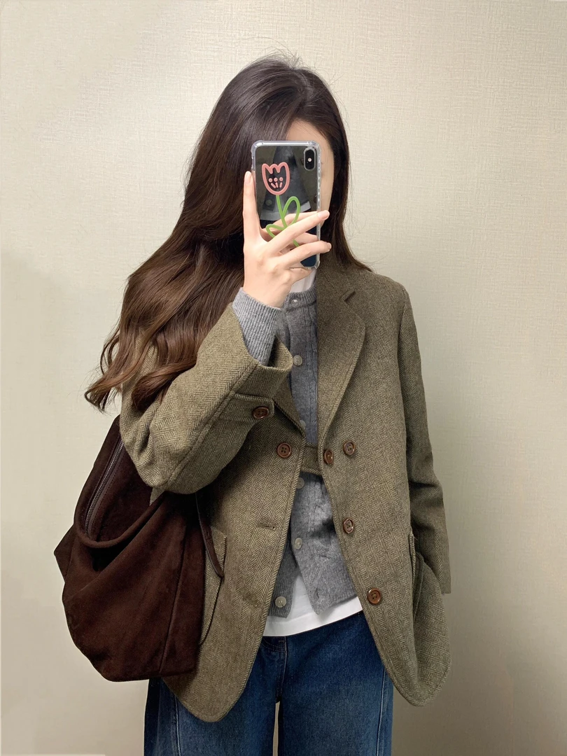 2024秋冬新款通勤风呢子西装休闲外套女高级感百搭牛仔裤两件套潮