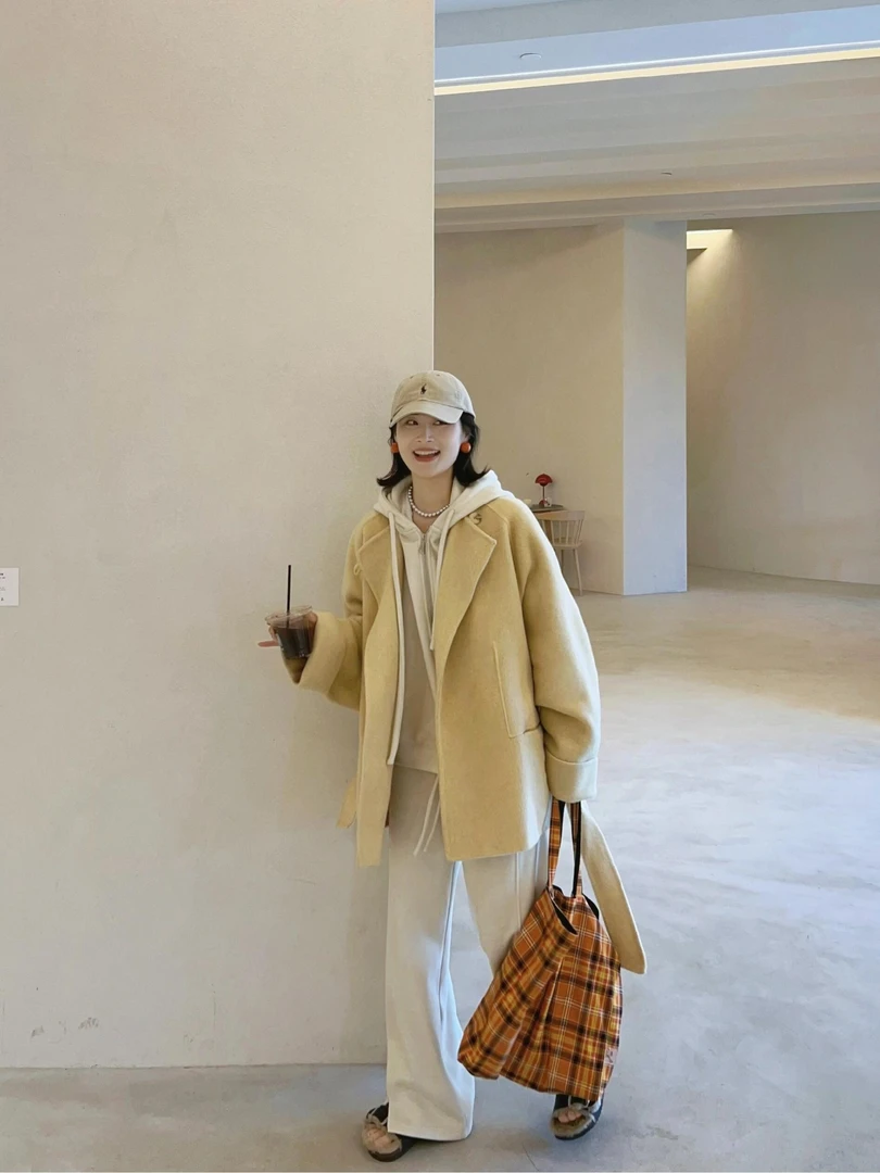 2024秋冬搭配一整套女韩系毛呢外套搭配连帽卫衣休闲裤三件套装女