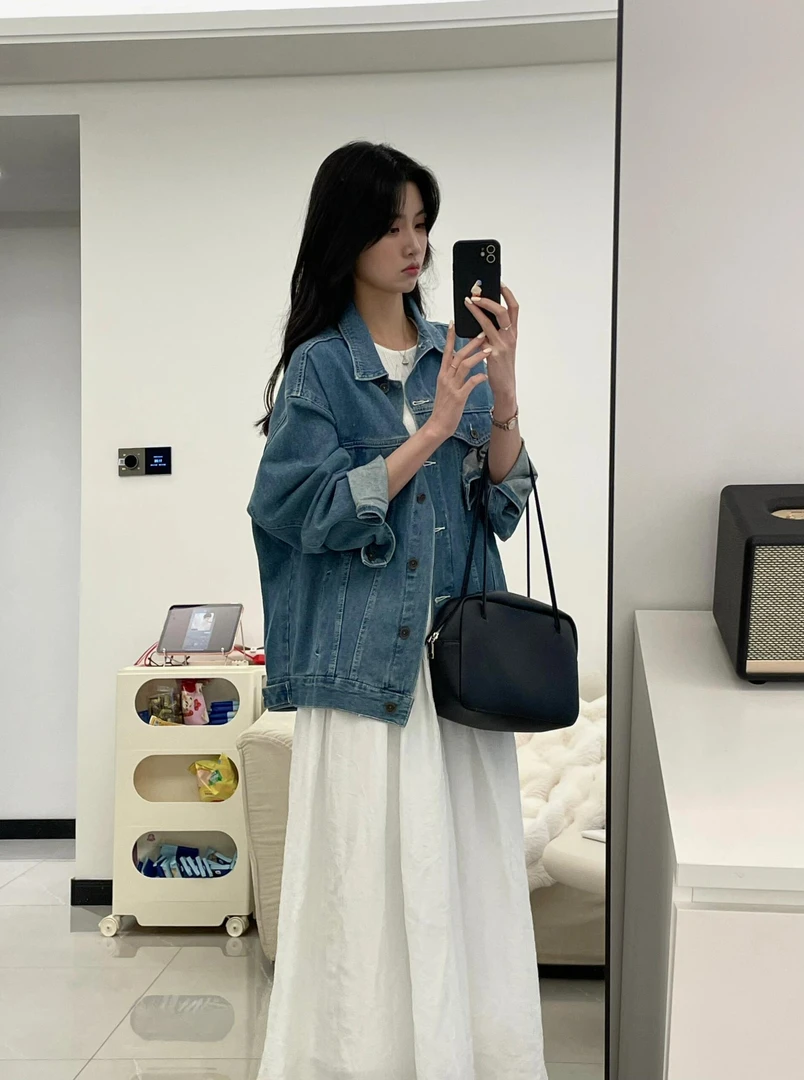 2024秋季新款休闲宽松美式慵懒牛仔上衣外套女白色连衣裙休闲套装