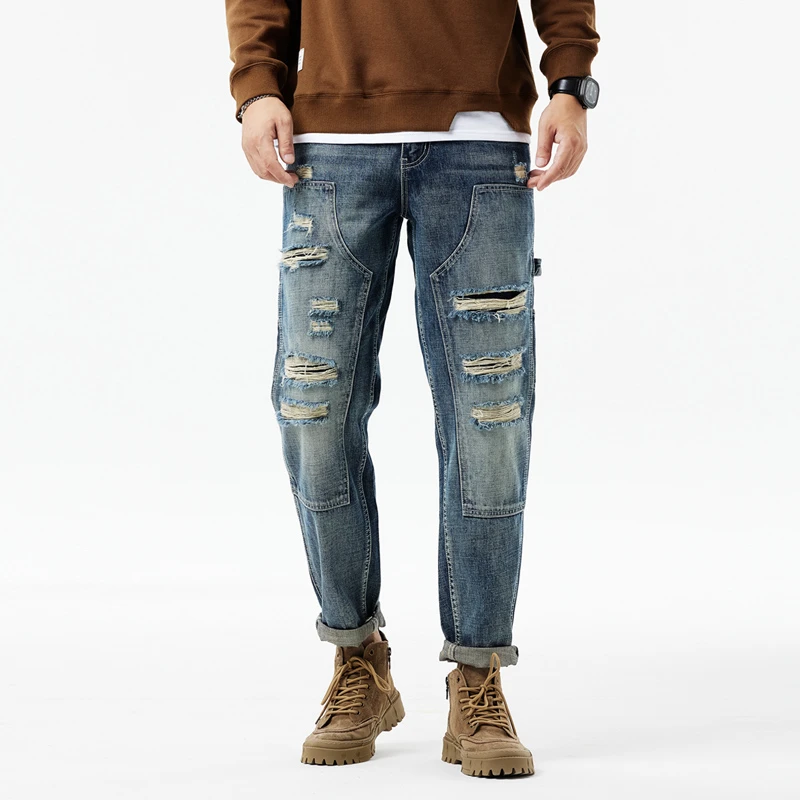 复古潮牌重磅水洗牛仔裤男士宽松小直筒ins日系潮流工装长裤子男.