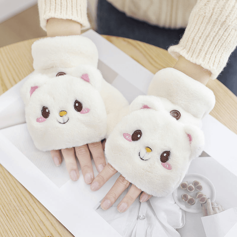 手套韩版秋冬季翻盖卡通手套女加绒加厚保暖猫咪学生可爱百搭手套