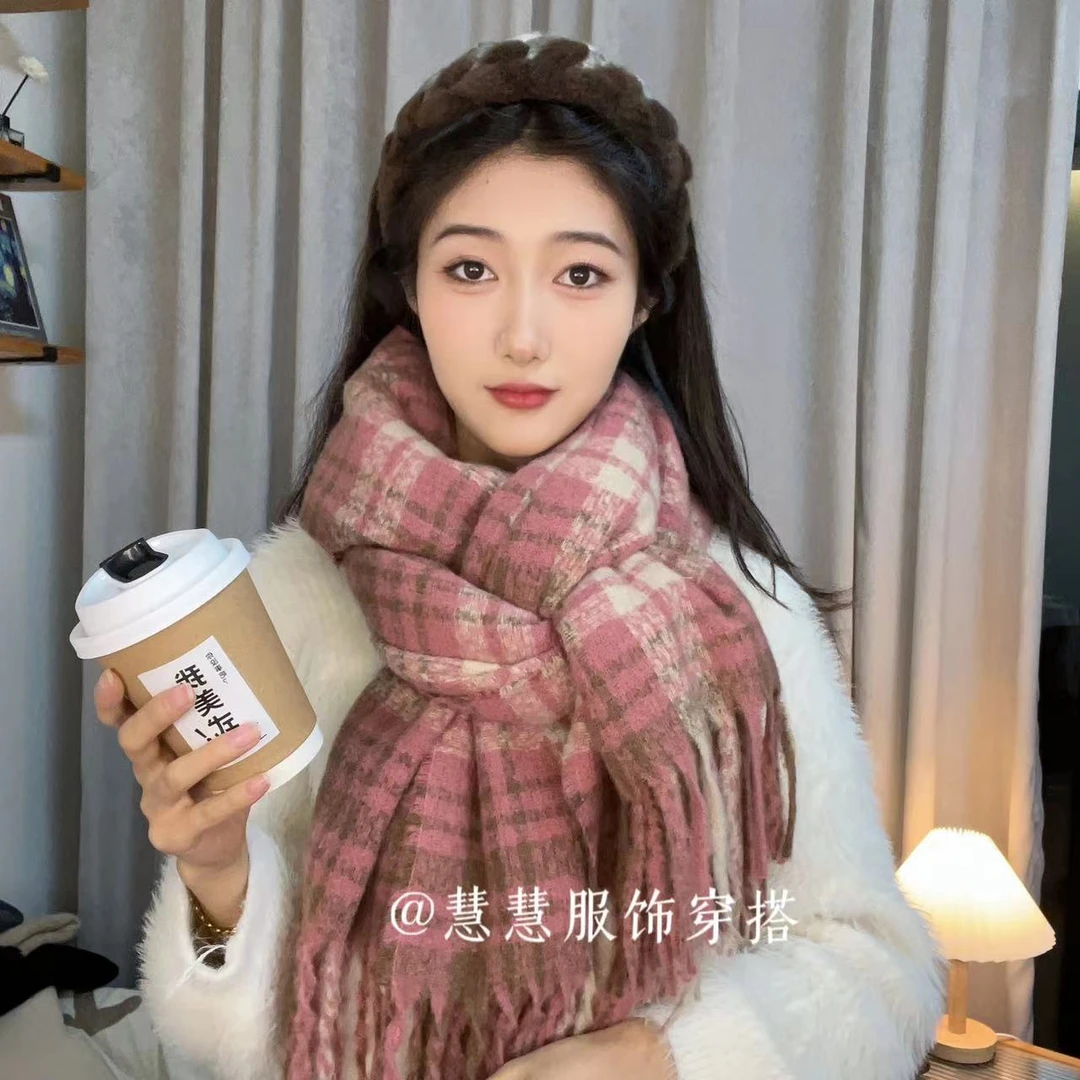 玫瑰色柔软气质丁香格子围巾大尺寸披肩保暖百搭韩版秋冬保暖围脖