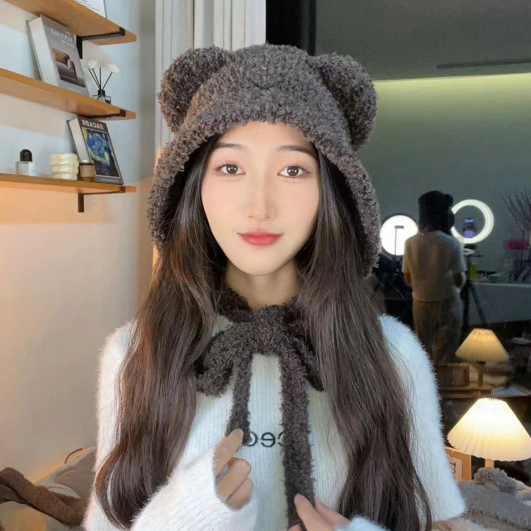 【HUIZI】韩版可爱小熊百搭网红耳朵女秋冬保暖针织护耳帽加绒时尚