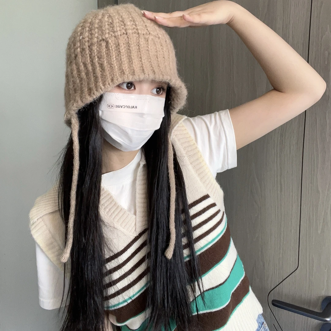 【HUIZI】美拉德风秋冬百搭渔夫帽子女韩系ins保暖护耳毛线帽针织帽