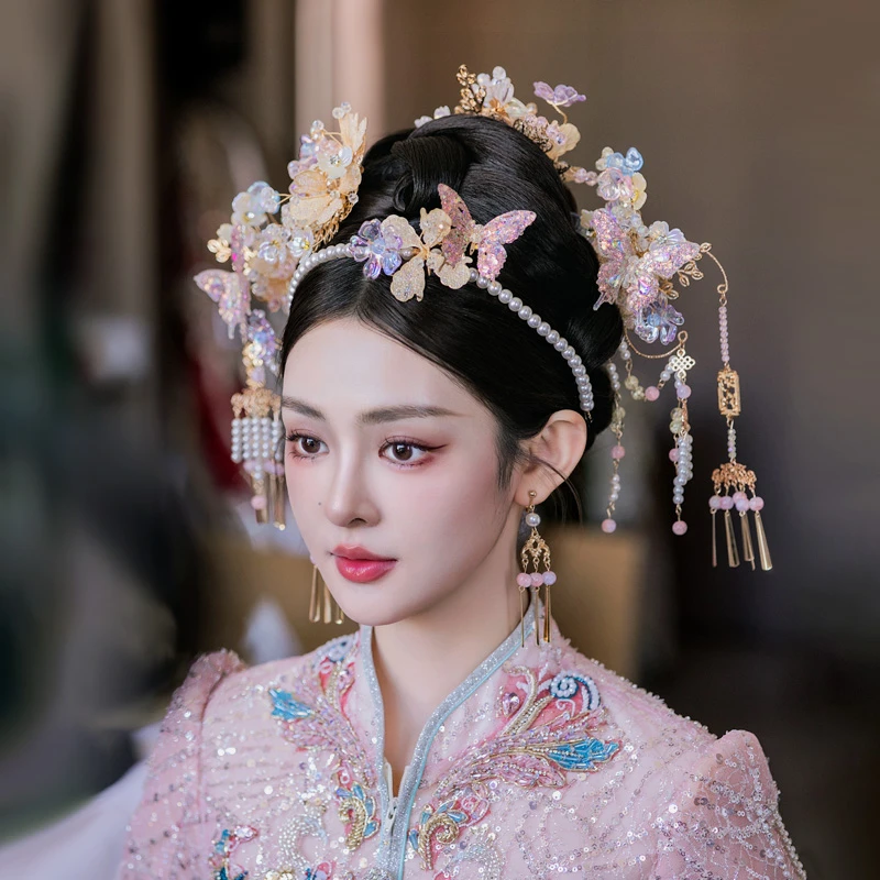 合金婚庆饰品 新娘头饰中式古风浅色发箍蝴蝶秀禾服结婚发饰0304