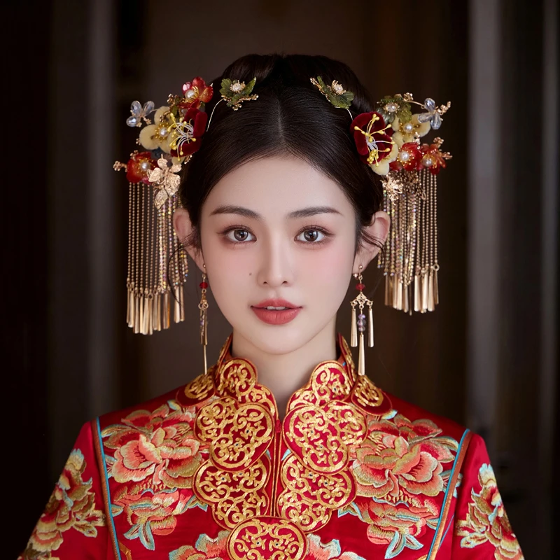 合金婚庆饰品 新娘头饰中式古风秀禾服红色秀禾服结婚发饰品1209