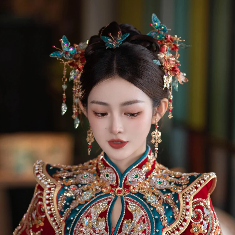 合金婚庆饰品 G049新娘头饰蓝色蝴蝶新中式秀禾服结婚发饰品套装